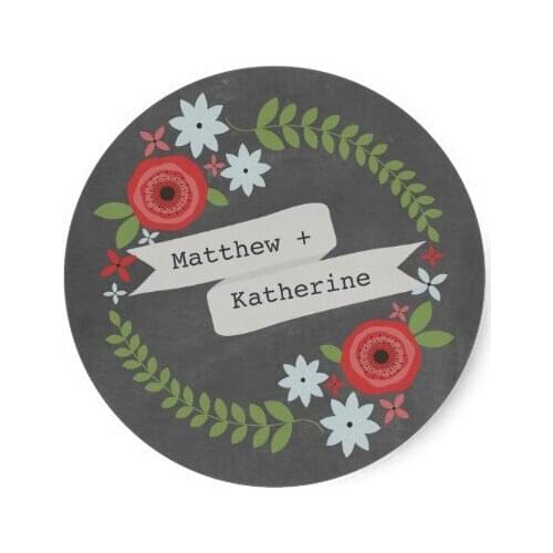 3.8cm Chalkboard Inspired Floral Wreath & Banner Classic Round Sticker