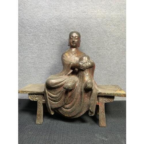 8"Tibet Buddhism Old Bronze Cinnabar Bench buddha Sitting Buddha Ancient Buddha Statue Sit on the bench Enshrine the Buddha