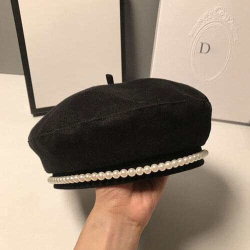 2021 Autumn Sweet Pearl Beret Caps For Women Retro Winter Outdoor Berets Luxury Brand Solid Beanie Warm Femme Girl Hat Caps
