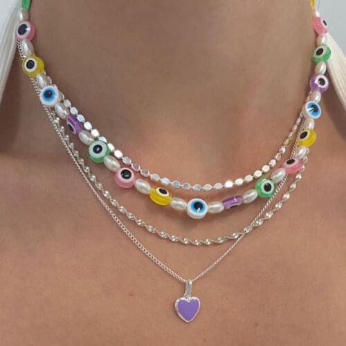 Bohemia Colorful Glass Turkish Evil Eye Pearl Beaded Choker Necklace for Women Multi layer EvilEye Pearls String Beads Necklaces