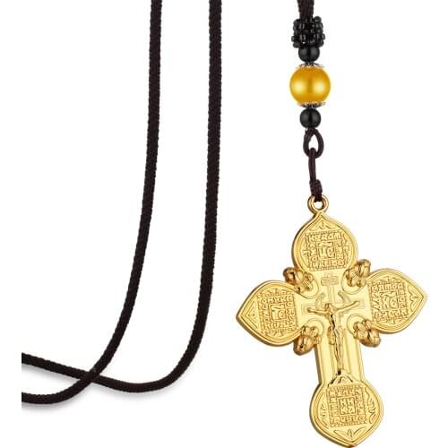 Large Russian Eastern Orthodox Cross Pendant Religious Crucifix Resurrection of Jesus Christ Necklaces Church Prayer Jewelry