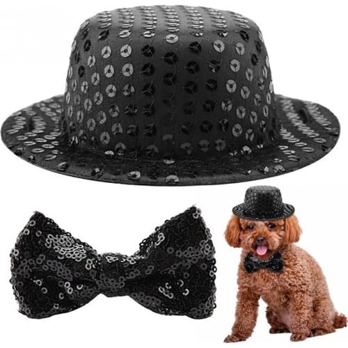 Pet Dog Hats Cat Bow Tie Sequins Festival Party Black Decoration Set Dog Bowtie Fashion Adjustable Dog Bows Hats for Pets