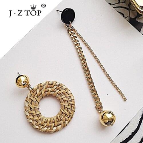 JZTOP Brand Women Bohemian Jewelry Hand Woven Round Stud Earrings Asymmetric Long Chain Tassel Earrings For Accessories Mujer