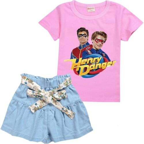 Toddler Girls Clothing Sets Baby girls henrye danger Cartoon short sleeve T-shirt And Dress Suit Kids Fashion Sports Clothes Set