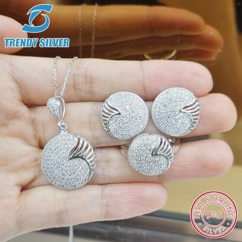 Complete pure 925 sterling silver zirconia clear CZ luxury jewelry set ring earrings for woman pendant necklace trendy design