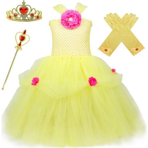 Beauty and The Beast Belle Costume for Girls Birthday Party Cosplay Princess Dress Yellow Tulle Kids Christmas Halloween Clothes