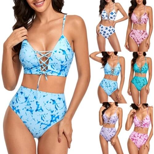 Hot kf-Womens Sexy V-Neck Tie-Dye Printing Sexy Bikini 2-Piece High Waist Split Swimsuit