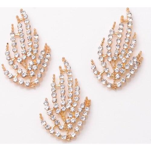 10 Pieces 32*18mm Metal Rhinestone Leaf Brooch Hair Accessories DIY For Jewelry Making