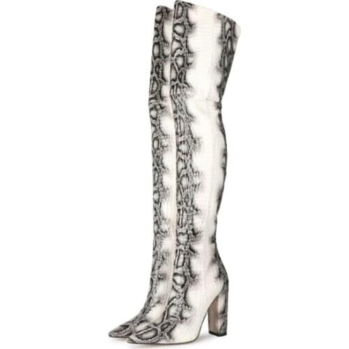 White Boots Women 11Cm Thick High Heel Snakeskin Boots Fashion Special Leather Winter Shoe Over The Knee Boots Stone Snake Print