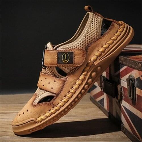 2021 Summer New Men Sandals Trend Soft Bottom Leather Baotou Breathable Velcro Dual-Purpose Wear-Resistant Casual Hole Shoes