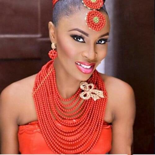 Chunky Jewelry Sets Genuine Nigerian Coral beads Set Layers Edo Bridal Necklace Set For Women Free Shipping Jewellery Set 2019