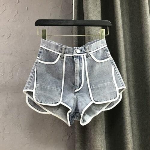 Summer new street bag edge contrast color denim shorts womens low waist was thin and versatile solid color denim shorts women