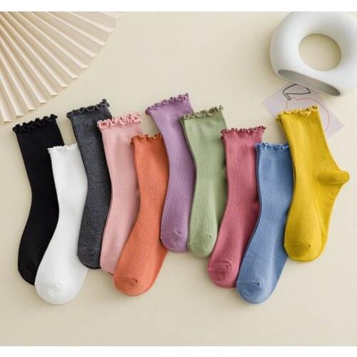 Pure Color Japanese Style Ladies Pile Socks Cotton Women SocksItem Lacework Vertical Stripe Pattern Socks 1Pair Cute
