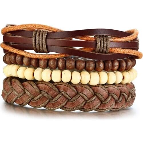 2021 Fashion Wooden Bead PU Leather Braided Four-piece Retro Color And Western Style Bracelet For Mens Accessories