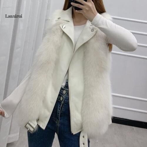 Large Size Casual Fox Fur Vest With PU Sheepskin Leather Wholeskin Fox Fur Fashion Motorcycle Jacket Female Waistcoat