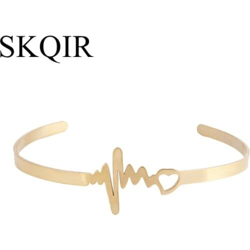 Adjustable Heart Bracelet Personalized Gold Color Stainless Steel Heartbeat Cuff Bangle For Women Man Accessories Birth Gift