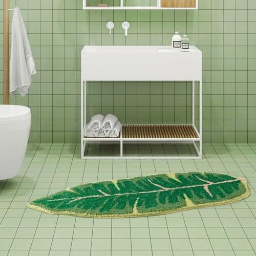 Green Leaf Bathroom Mat Soft Fluffy Plant Anti Slip Bathmat Bedroom Floor Foot Pad Kids Room Nursery Decorative Home Decor
