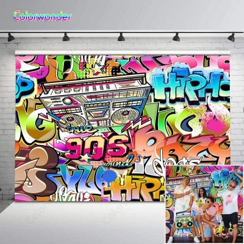 Colorwonder 90s Party Photo Background Watercolor Strokes of Radio with Colorful Letters English Words Hip Hop Style Backdrop