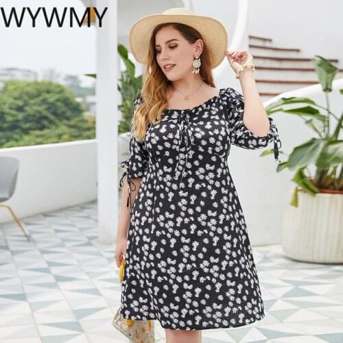 WYWMY Summer Short Sleeve Dress Round Neck Print Lacing Casual A Line Plus Size Dress Boho Mini Party Dresses Vestidos Female