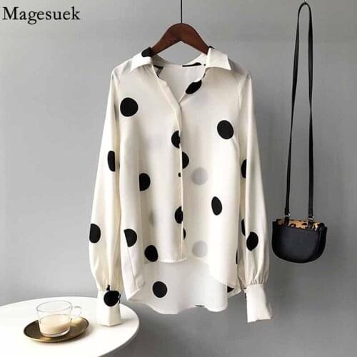 French Vintage Polka-dot Chiffon Shirt Long Sleeve Loose Elegant Woman Top Turn Down Collar 2021 Autumn Womens Blouse New 16331