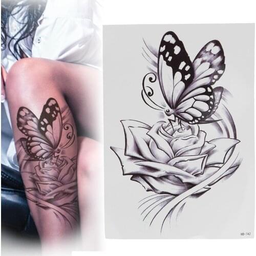 Women Temporary Tattoo Sticker Large Black Rose Butterfly Body Art Waterproof Temporary Tattoo Female Arm Tattoo Sticker