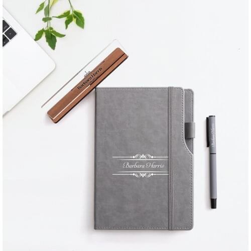 Customize Notebook & Metal Roller Pen & Name Plate Gift Set - L Model Notebook - Glossy Leather Hardcover - A5 Lined 224 pages