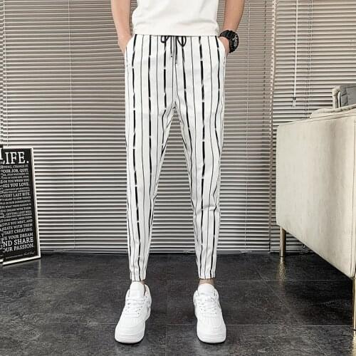Korean Summer Thin Vertical Stripes Harem Pants Men Clothing 2021 Simple Streetwear Slim Fit Casual Joggers Trousers Black/White