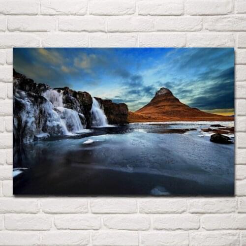 Iceland Kirkjufell Mountain Waterfall sea winter nature KD536 living room home wall art decor wood frame fabric posters prints