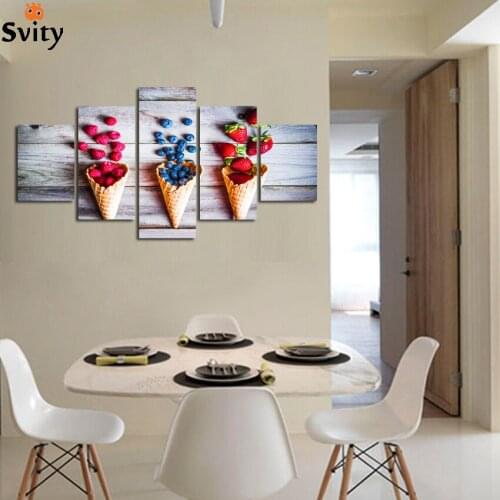 5 Panels Modern Cartoon fruit strawberry ice cream Painting On Canvas Wall Art Cuadros Picture For restaurant Home Decor A130