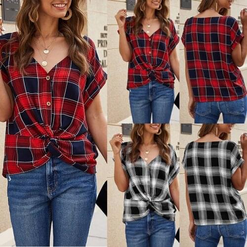 Summer Fashion Casual Plaid Shirt V-Neck Plaid Loose Wild Top