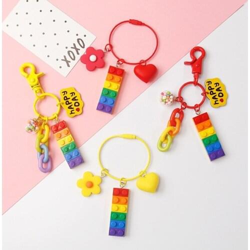 Cute Building Blocks Keychain Keyring For Women Girl Jewelry Korea Red Heart Flower Car Bandbag Key Holder Keyring