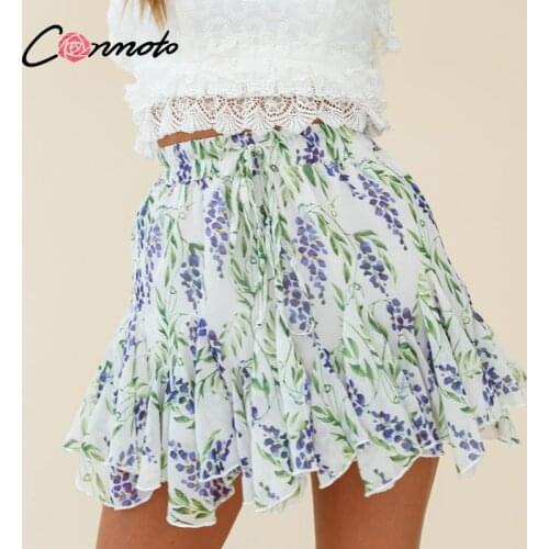 Conmoto Holiday summer ruffled sash mini skirt women High waist sexy a-line skirts Floral print beach skirt ladies vestidos 2021