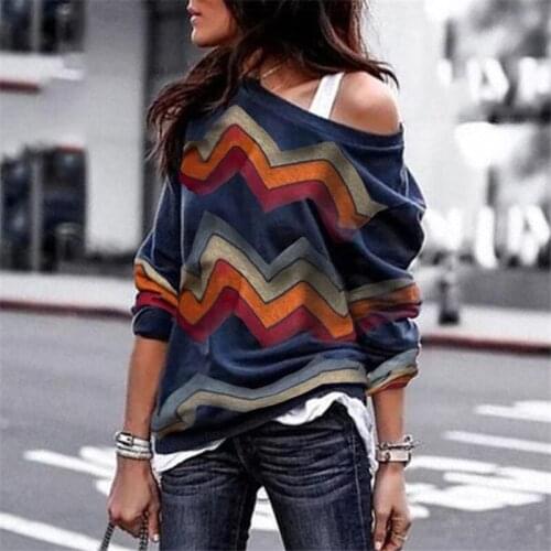 Fashion Stripe Off Shoulder Printed Women T-shirt Tops Long Sleeve Loose Streetwear Casual Female T shirt