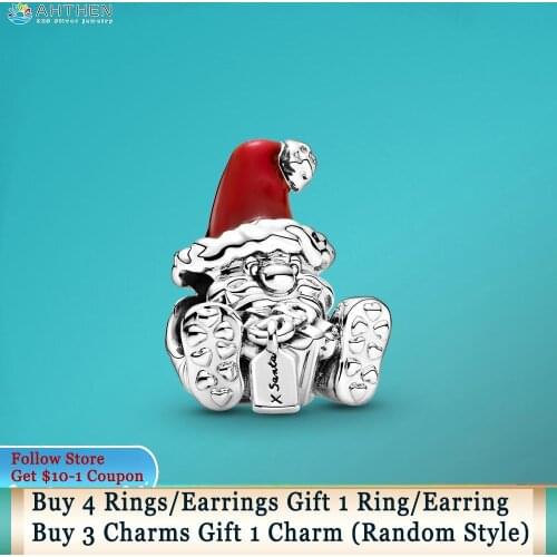 Ahthen 925 Sterling Silver Beads Seated Santa Claus & Present Charm fit Original Pandora Bracelets for Women Jewelry Making Gift