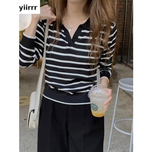 2021 Autumn Winter Basic Wear Jumper Pullovers Hot Sales Cute Korea Chic Sweet Girls V Neck Striped Knitted Sweaters