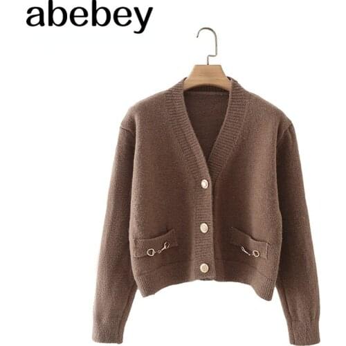Autumn Short Cardigan V Neck Single-Breasted Sweater Womens Jacket 2021 Loose Solid Color Knitwear Cardigan Female Jacket