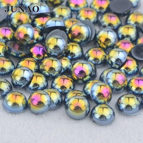 JUNAO 2 4 6 8 10 12 14mm Half Round Imitation Pearl Black AB Rhinestone Bead Glue On Nail Art Decoration Flat Back Pearl Sticker