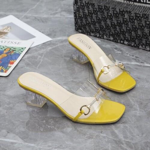 New Square High Heels Slippers Summer Women Square Toe Sandals Ladies PVC Transparent Outside Female Fashion Woman Shoes Mules