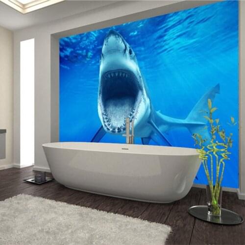 Modern Simple 3D Stereo Shark Photo Mural Wallpaper Bathroom PVC Waterproof Wall Sticker Papel De Parede 3D Paisagem Home Decor