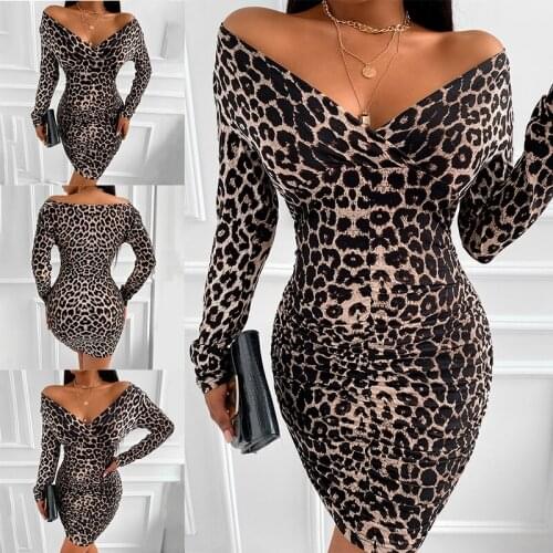 Spring V Neck Cheetah Print Ruched Off Shoulder Long Sleeve 2021 New Hit Women Sexy Corset Bodycon Dress Robe Bustier Fete Femme