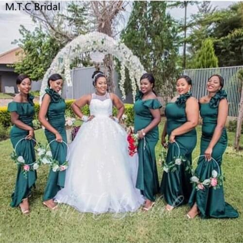 Green Mermaid Plus Size Bridesmaid Dresses Wholesale One Shoulder Long Satin Wedding Party Dress Black Girls Prom Formal Dresses