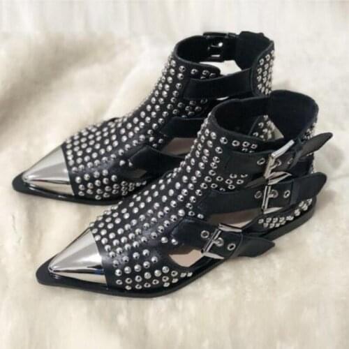 Fashion Women Punk Metal Pointed Toe High Top Sandals Buckles Hollow Out Low Heels Rivets Runway Sandals Genuine Leather Shoes