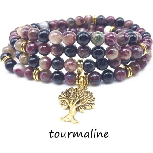Fashion Mala Bracelets Women Necklace 100% Natural Tourmaline Stone Beads Elastic Charm Bangle Energy Jewelry Gold Metal Color