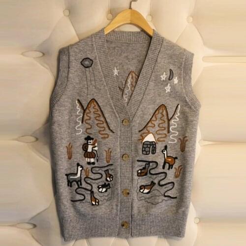 Fashion Knitted Runway High Quality New Arrival Autumn Womens White Gray Cartoon Print Knitting Vest Sweater