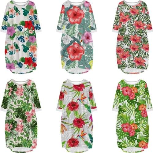 New Fashion 3D Print Hot Sale Long Premium Tropical Flower Pocket Loose Casual Robe Summer Dress Traf For Women V33