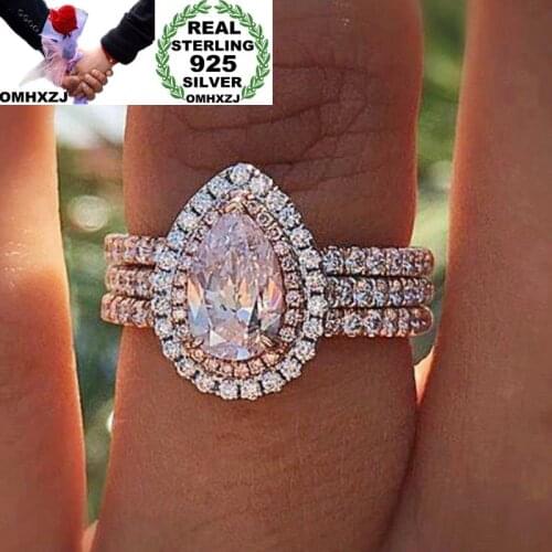 OMHXZJ Wholesale European Fashion Woman Girl Party Wedding Gift White Pink Water Drop AAA Zircon 925 Sterling Silver Ring RR44