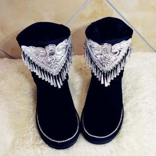 Winter handmade custom wind chimes increased 6CM snow boots wild rhinestones totem tassels warm womens boots