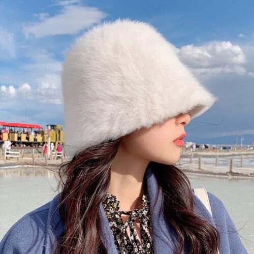 2021 Winter Women Fashion Solid Color Rabbit Fur Bucket Hat Warm Fisherman Hat Retro Knitted Soft Wool Basin Hat