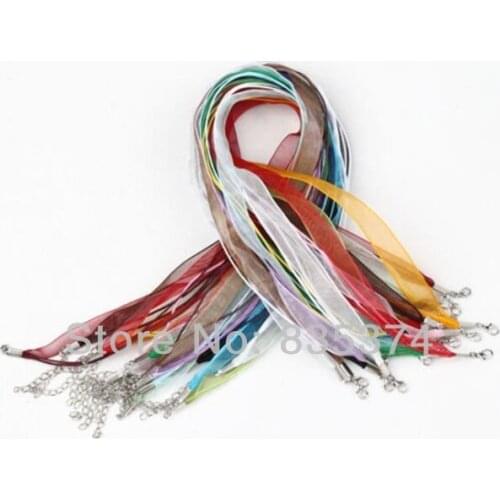 100pcs/lot Mixed Colors Organza Ribbon Waxen Cord Necklace W/Lobster Clasp