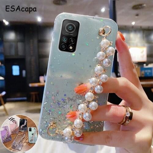 Glitter Wrist Chian Strap Phone Case For Xiaomi Mi 10T 9T Pro 10S Blingbling Pearl Bracelet Shockproof Back Case For POCO X3 NFC